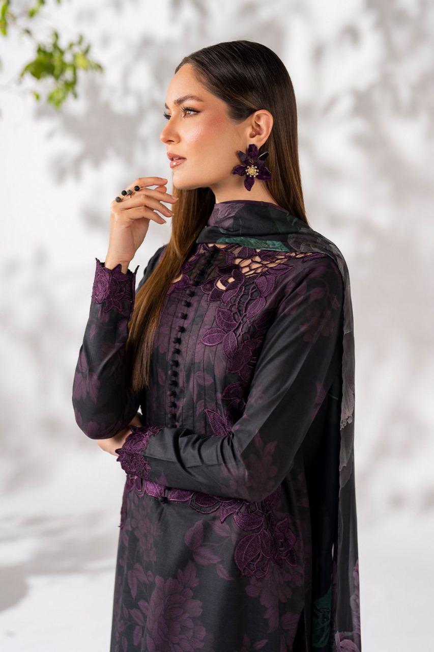 Saroya Luxury Lawn Stitched 3 Piece Suit – Black & Plum Floral Design