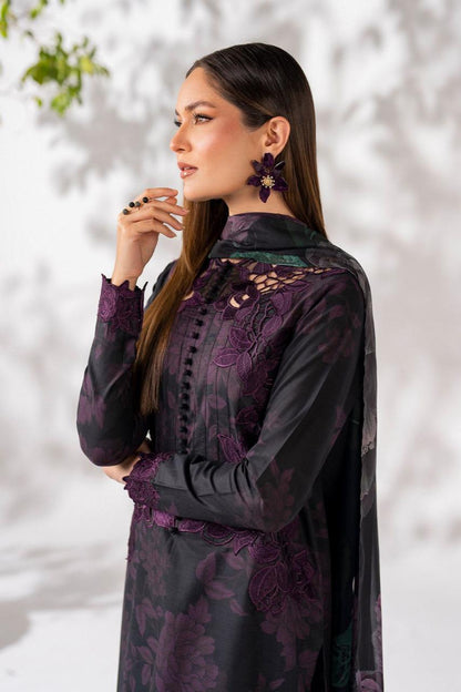 Saroya Luxury Lawn Stitched 3 Piece Suit – Black & Plum Floral Design