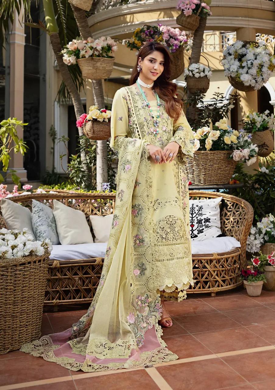 Saroya Luxury Lawn Stitched 3 Piece Suit – Pastel Yellow Floral Design