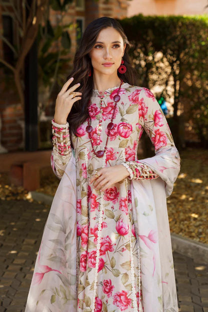 Saroya Luxury Lawn Stitched 3 Piece Suit – Ivory & Pink Rose Floral Design