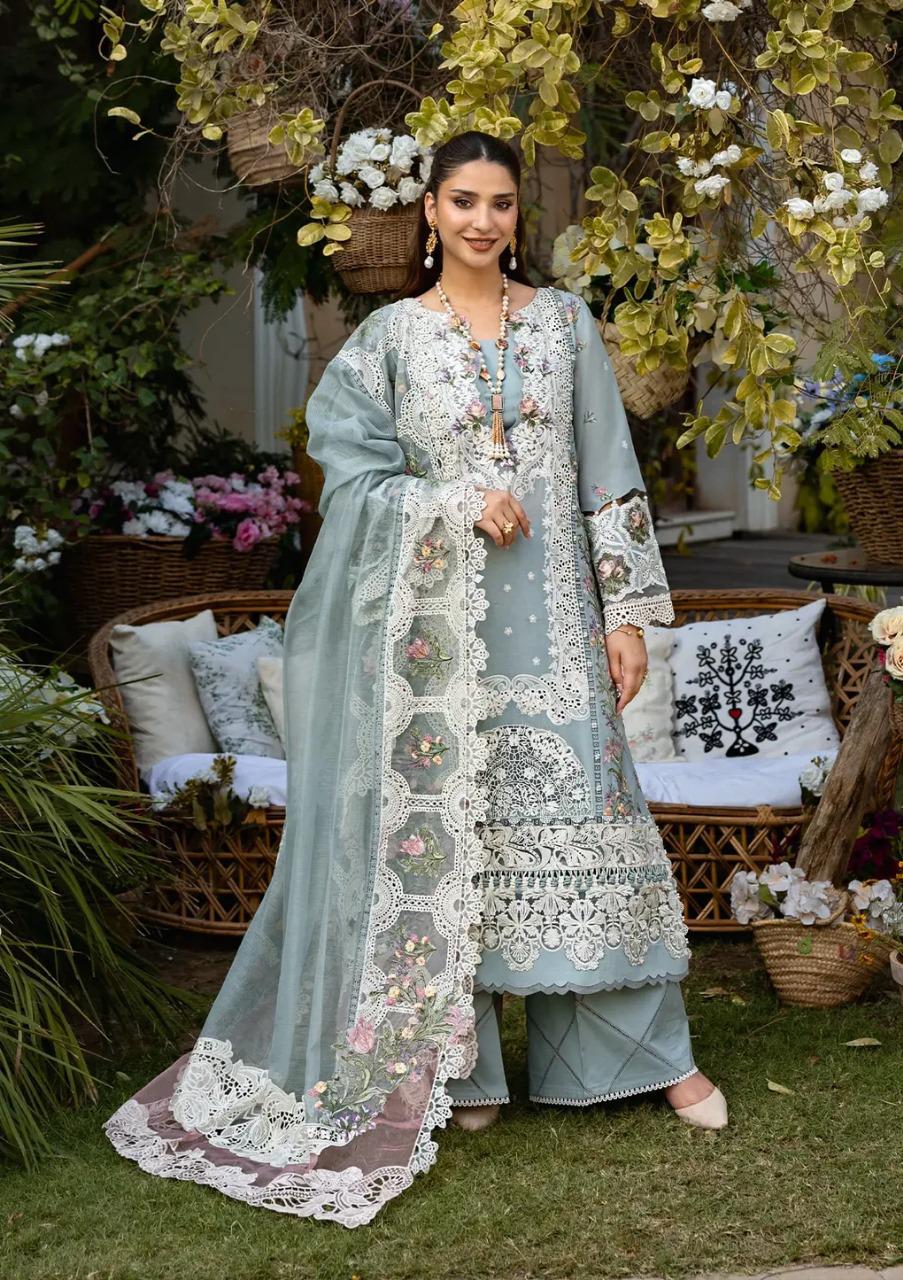 Saroya Luxury Lawn Stitched 3 Piece Suit – Pastel Blue Floral Design