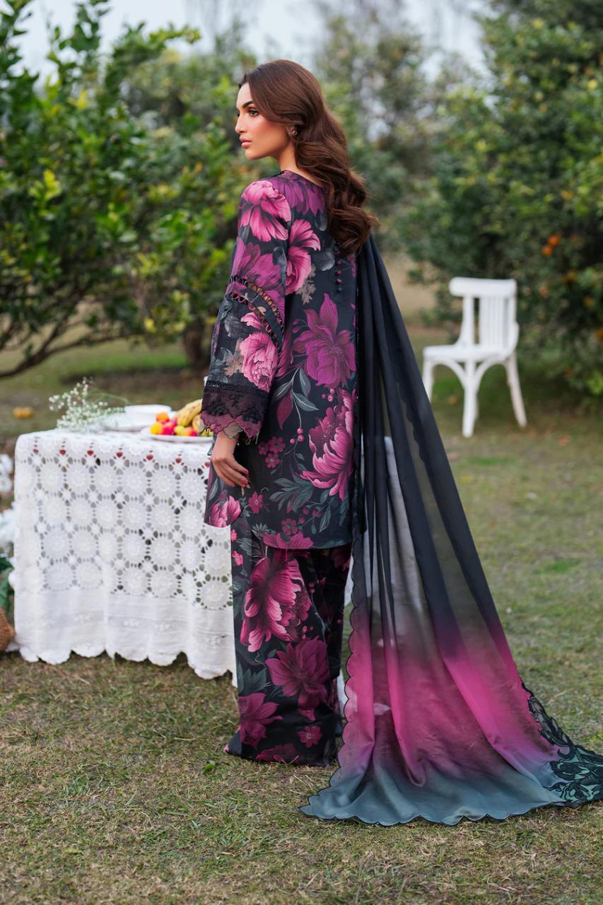 Saroya Luxury Lawn Stitched 3 Piece Suit – Black & Purple Floral Print