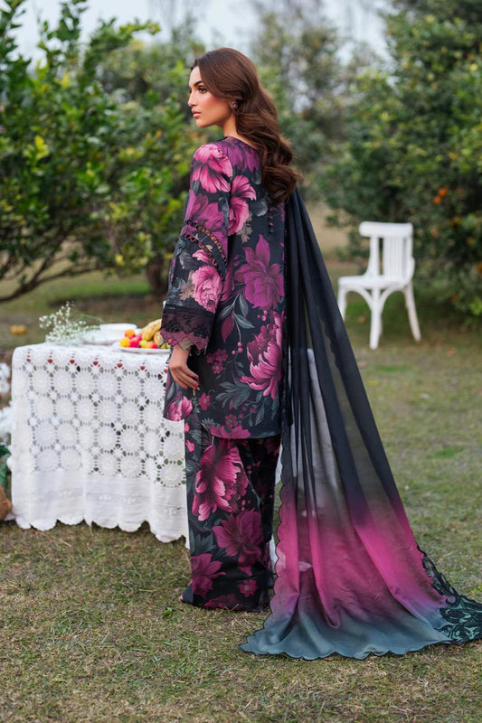 Saroya Luxury Lawn Stitched 3 Piece Suit – Black & Purple Floral Print