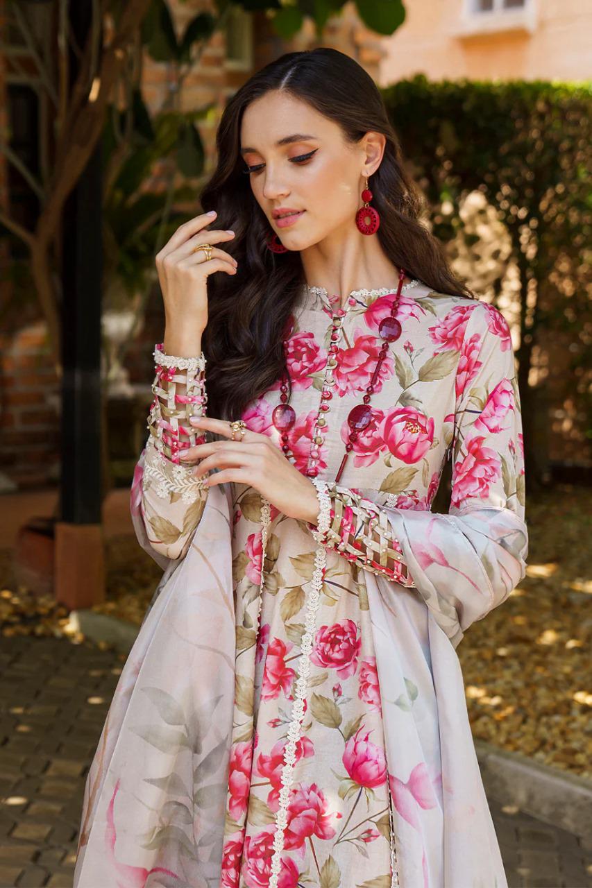 Saroya Luxury Lawn Stitched 3 Piece Suit – Ivory & Pink Rose Floral Design