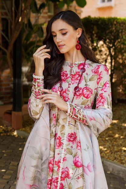 Saroya Luxury Lawn Stitched 3 Piece Suit – Ivory & Pink Rose Floral Design