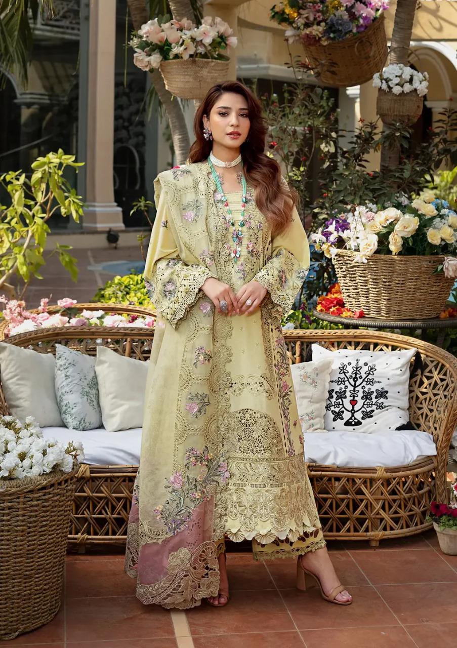 Saroya Luxury Lawn Stitched 3 Piece Suit – Pastel Yellow Floral Design