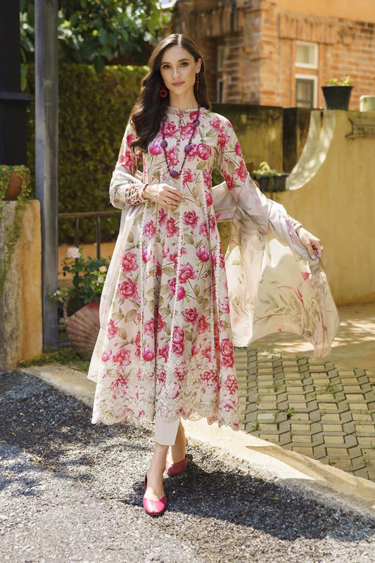 Saroya Luxury Lawn Stitched 3 Piece Suit – Ivory & Pink Rose Floral Design