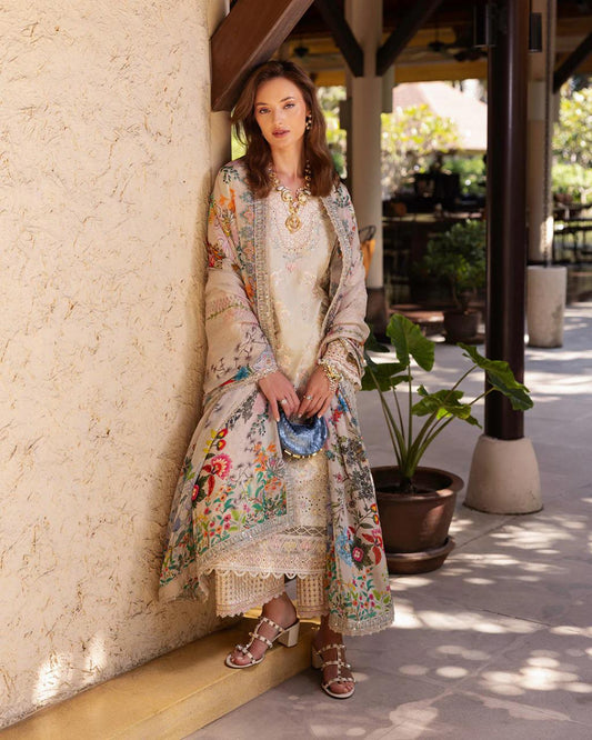 Saroya Luxury Lawn Stitched 3 Piece Suit – Ivory Beige Floral Design
