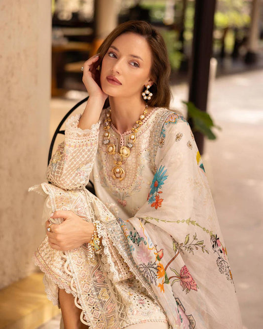 Saroya Luxury Lawn Stitched 3 Piece Suit – Ivory Beige Floral Design
