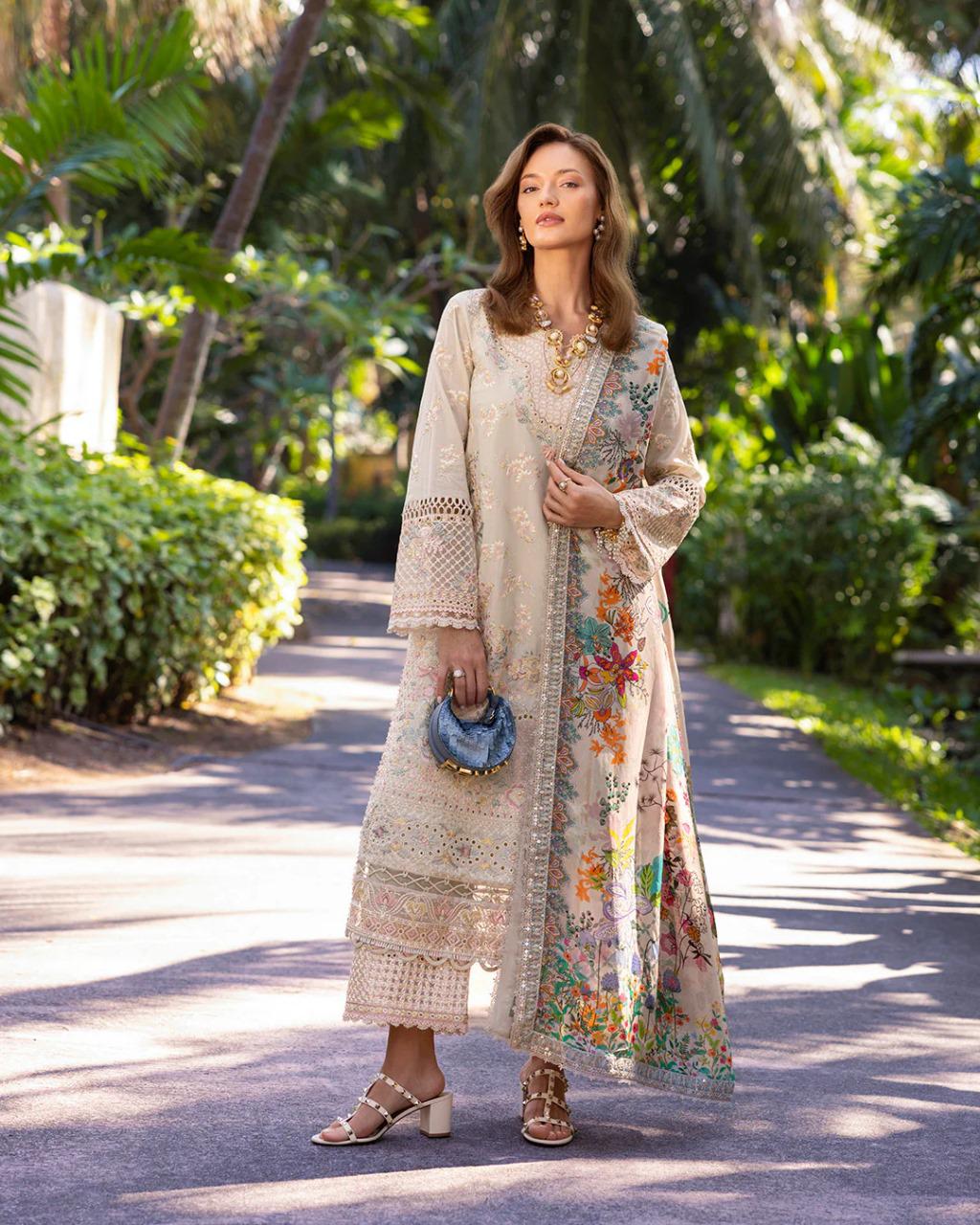 Saroya Luxury Lawn Stitched 3 Piece Suit – Ivory Beige Floral Design