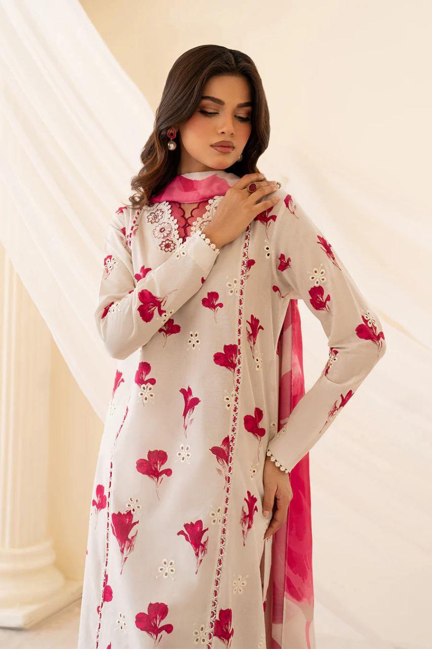 Saroya Luxury Lawn Stitched 3 Piece Suit – Ivory with Pink Floral Design