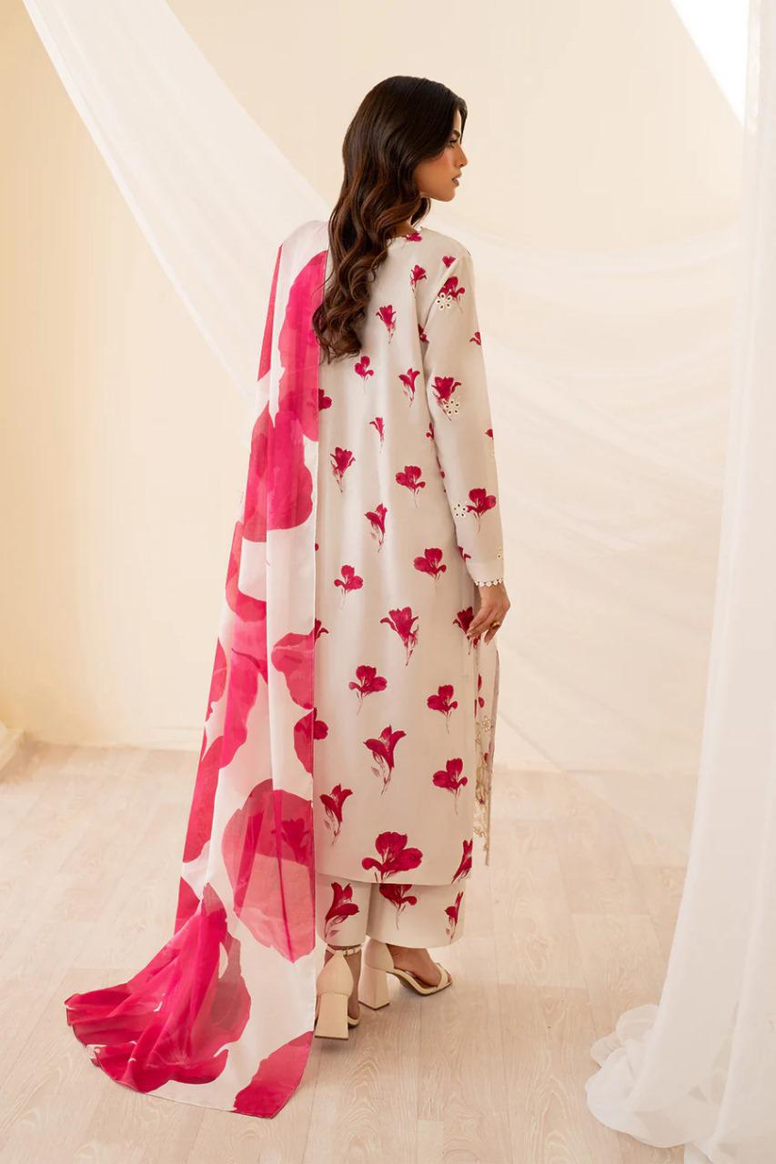 Saroya Luxury Lawn Stitched 3 Piece Suit – Ivory with Pink Floral Design