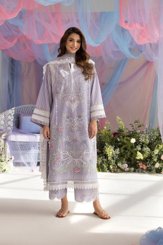 Saroya Luxury Lawn Stitched 3 Piece Suit – Lilac Cutwork with Floral Design