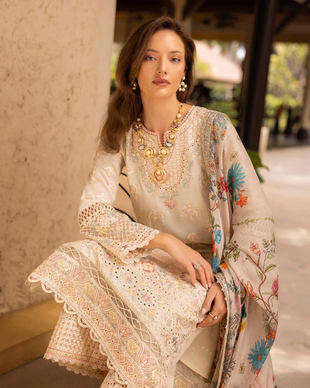 Saroya Luxury Lawn Stitched 3 Piece Suit – Ivory Beige Floral Design