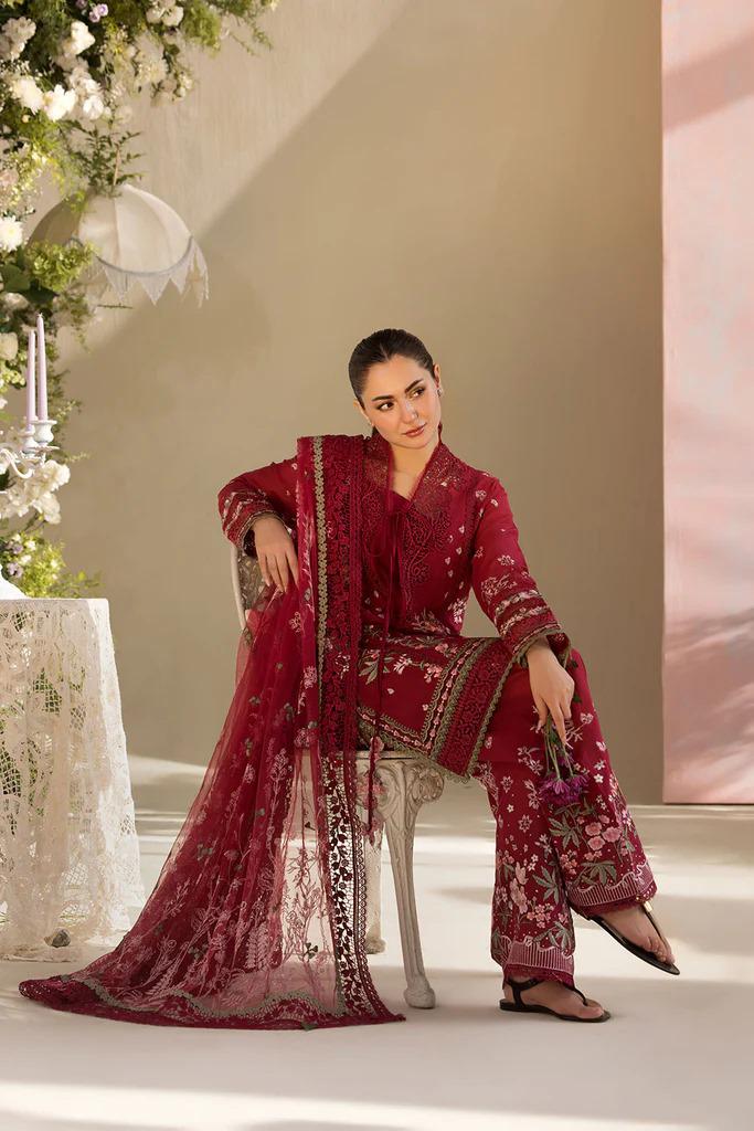 Saroya Luxury Lawn Stitched 3 Piece Suit – Deep Red Floral Embroidered