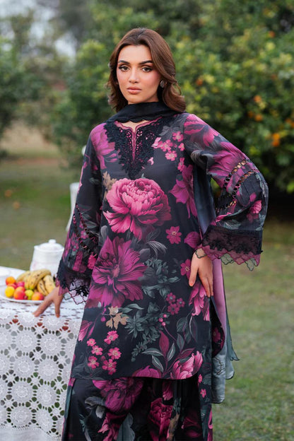 Saroya Luxury Lawn Stitched 3 Piece Suit – Black & Purple Floral Print