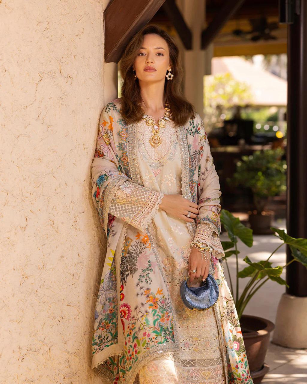 Saroya Luxury Lawn Stitched 3 Piece Suit – Ivory Beige Floral Design