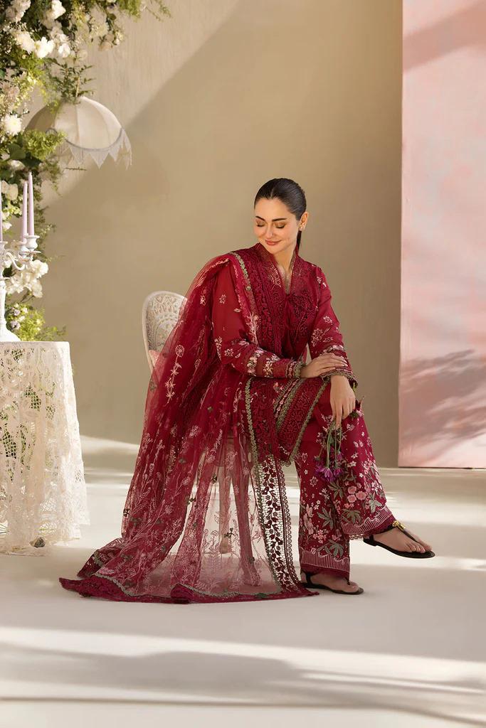 Saroya Luxury Lawn Stitched 3 Piece Suit – Deep Red Floral Embroidered