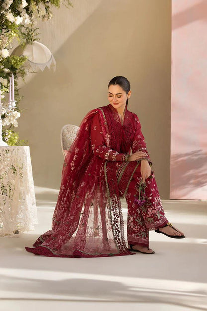 Saroya Luxury Lawn Stitched 3 Piece Suit – Deep Red Floral Embroidered