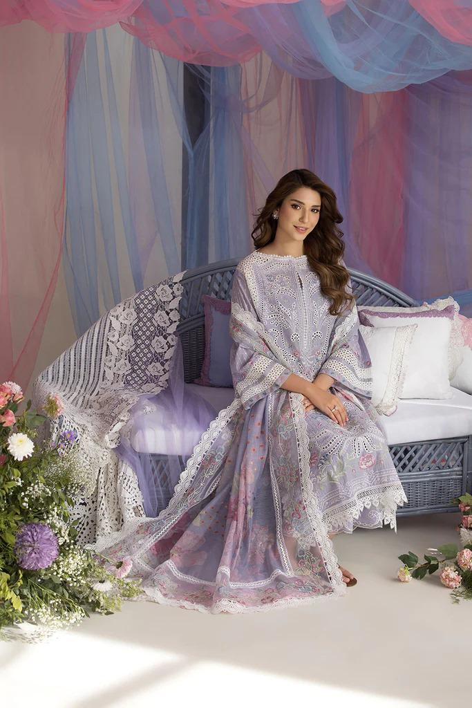 Saroya Luxury Lawn Stitched 3 Piece Suit – Lilac Cutwork with Floral Design