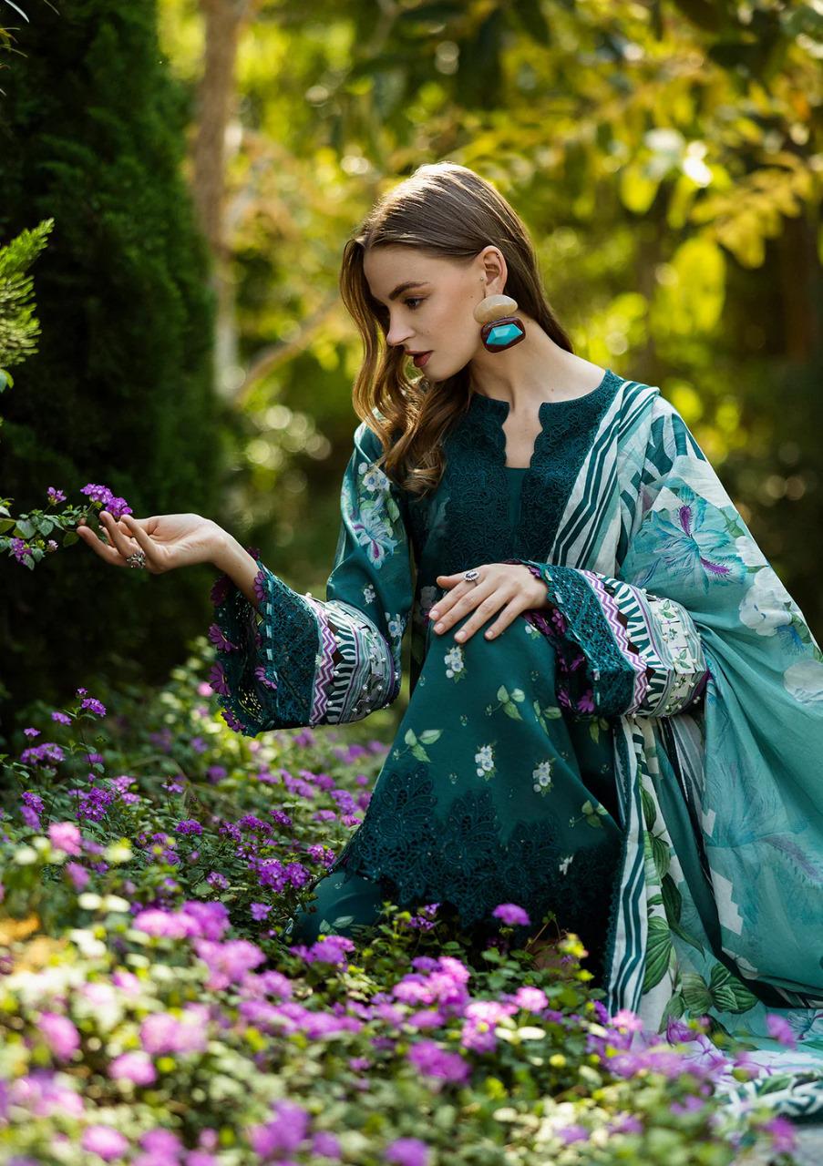 Saroya Luxury Lawn Stitched 3 Piece Suit – Deep Green Floral