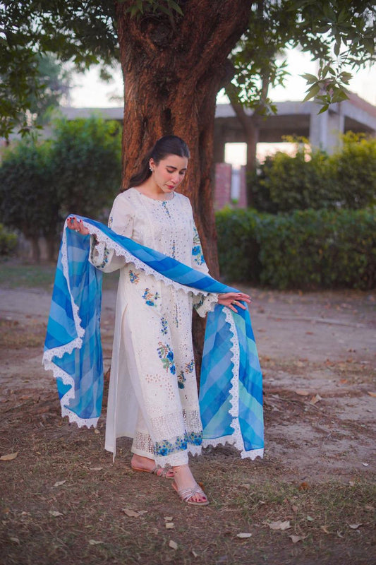 Saroya Luxury Lawn Stitched 3 Piece Suit – White Embroidered with Blue Printed Dupatta