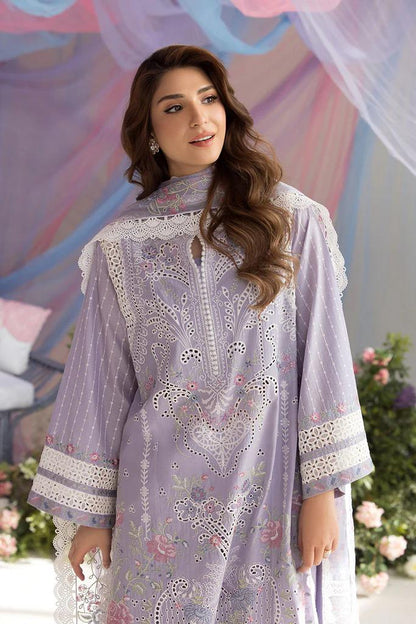 Saroya Luxury Lawn Stitched 3 Piece Suit – Lilac Cutwork with Floral Design