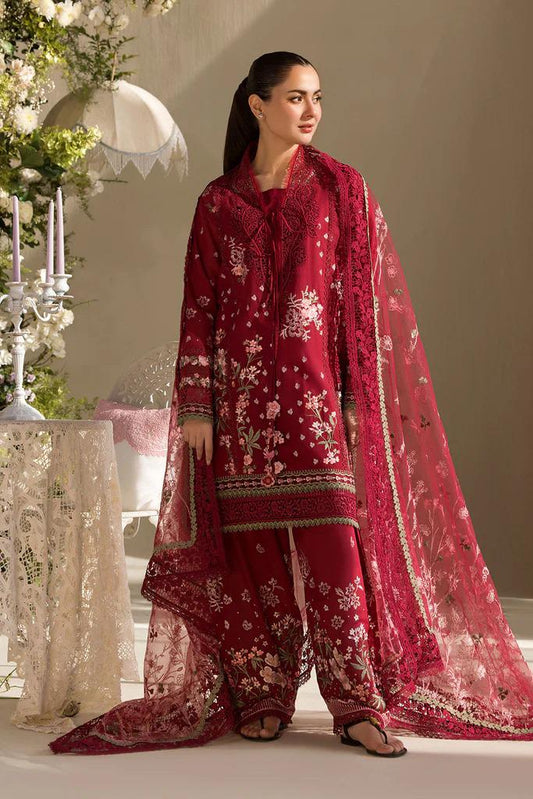 Saroya Luxury Lawn Stitched 3 Piece Suit – Deep Red Floral Embroidered