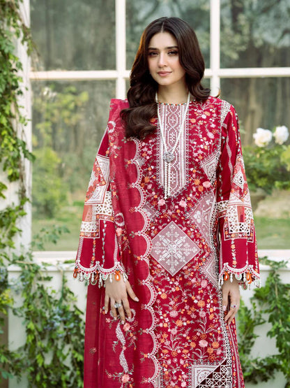 Saroya Luxury Lawn Stitched 3 Piece Suit – Red Geometric & Floral
