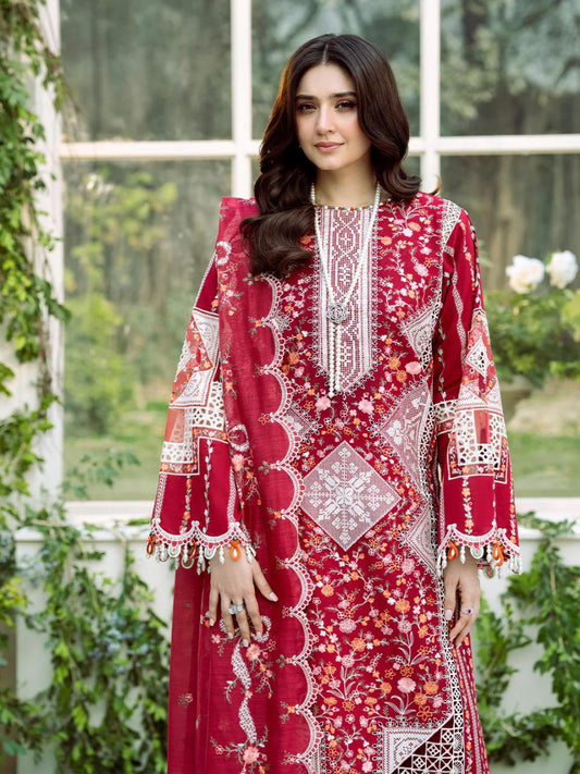 Saroya Luxury Lawn Stitched 3 Piece Suit – Red Geometric & Floral
