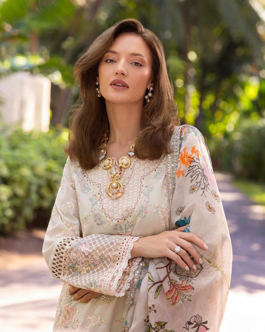 Saroya Luxury Lawn Stitched 3 Piece Suit – Ivory Beige Floral Design