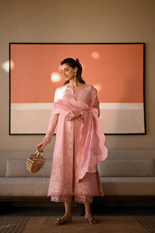 Saroya Luxury Stitched 3 Piece Suit – Blush Pink Embroidered with Statement Back Design